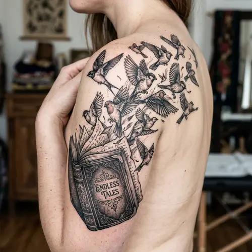 Intricately Crafted Book Tattoo with Flurry of Birds