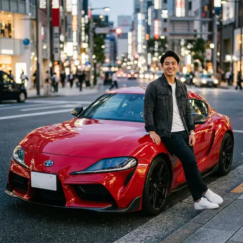 Vibrant Red Toyota Supra with Asian Man: Sleek Car Photos