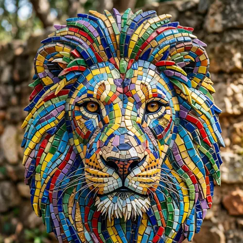 Colorful Lion Face Mosaic Portrait in High Resolution