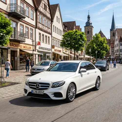 White Mercedes Benz Car with Silver Accents in Sunlit Streets of Germany