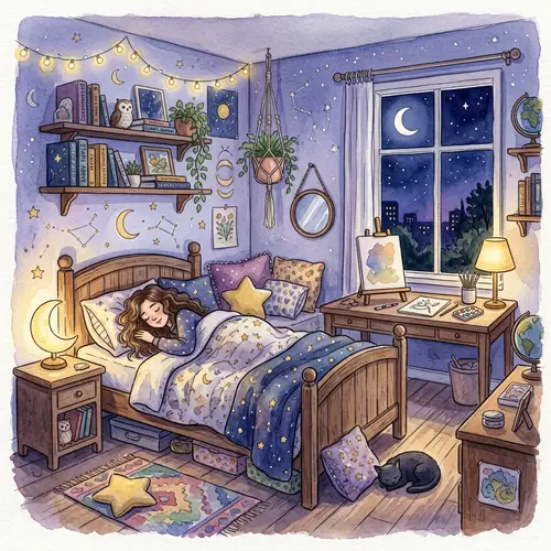 Luna's Dreamy Watercolor Bedroom Illustration