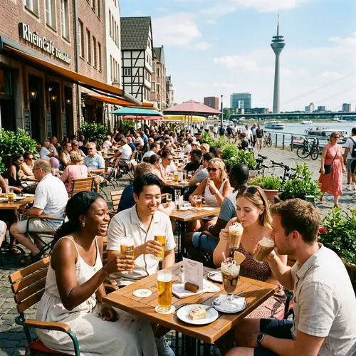 Summer Cafe Scene in Düsseldorf: Vibrant Outdoor Terrace