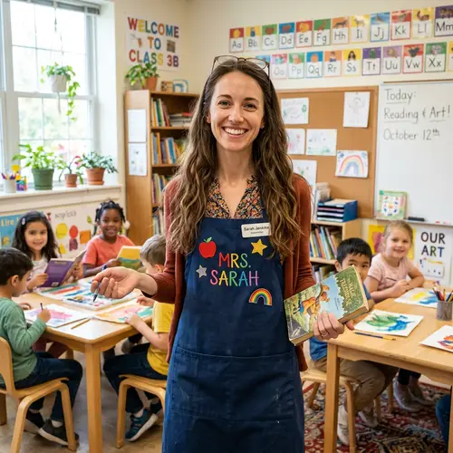 Cheerful Teacher in School Apron