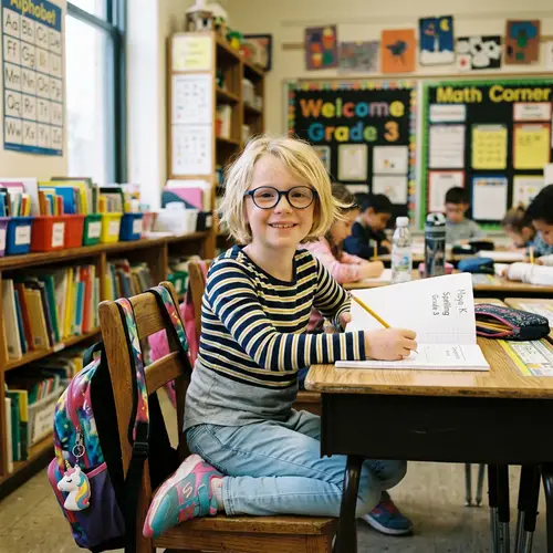 Third Grade Student with Short Blonde Hair and Glasses