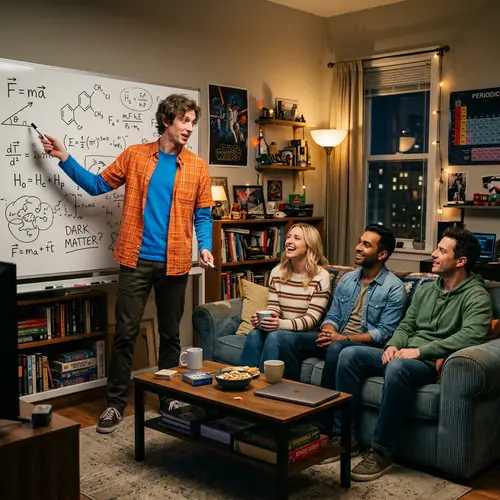 Intellectual Man in Colorful Outfit with Diverse Friends - Sitcom Setting