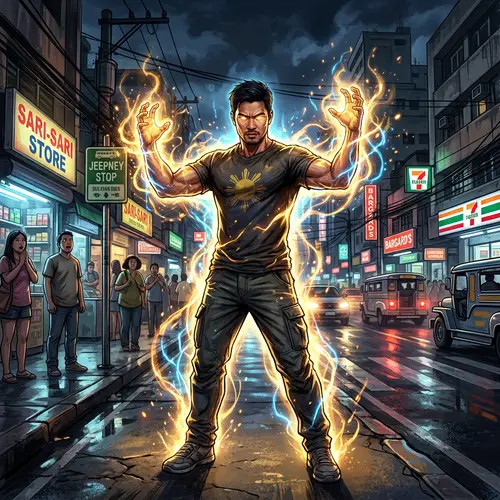 Powerful Filipino Man with Glowing Aura in Urban Street