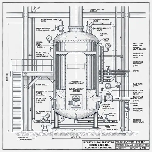 Industrial Boiler 2D Architecture Design | Factory Setting Illustration