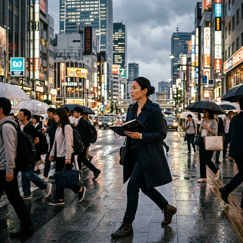 Female Asian Detective Strides Through City | Urban Investigation