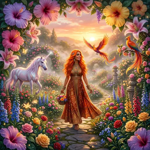 Middle-Eastern Woman with Vivid Orange Hair in Enchanted Garden
