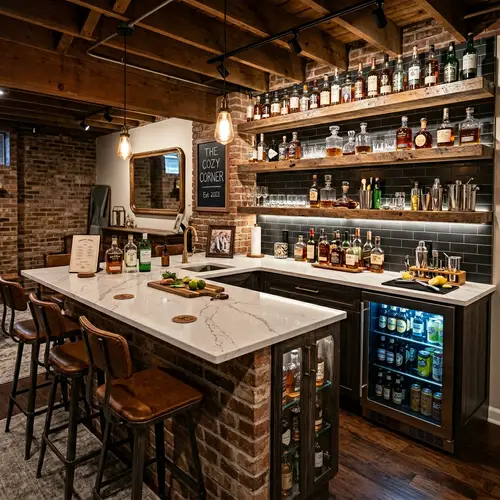 Stylish Basement Bar with L-Shaped Quartz Island