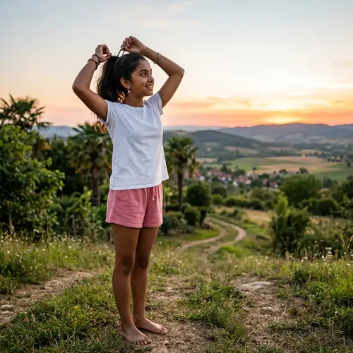South Asian Girl Tying Hair Outdoors | Pink Shorts & White T-shirt