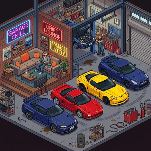 Chill Cars Garage with Neon Signs and Cool Cars