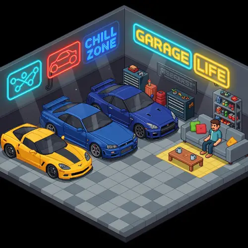 Chill Cars Garage with Neon Signs and Cool Cars