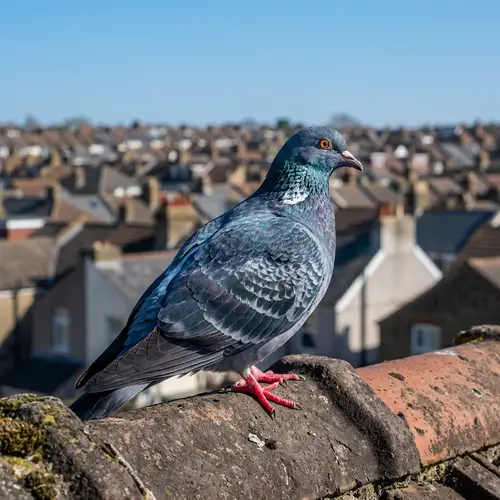 Close-up of a Pigeon Perched on a Rooftop | Feathers Shimmering in Grey and Blue