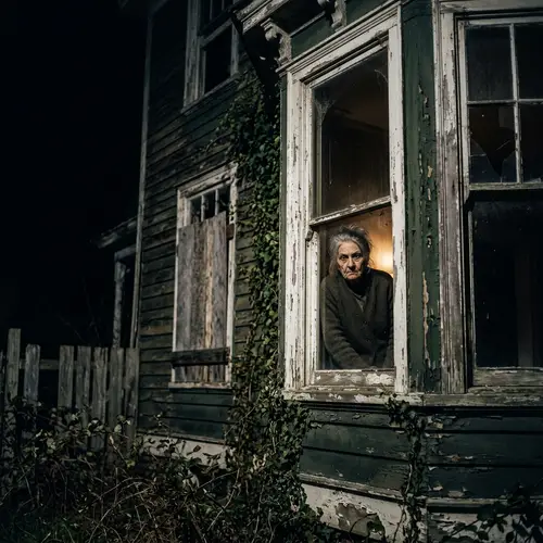 Terrifying Elderly Lady Peeking Out of Abandoned House at Night