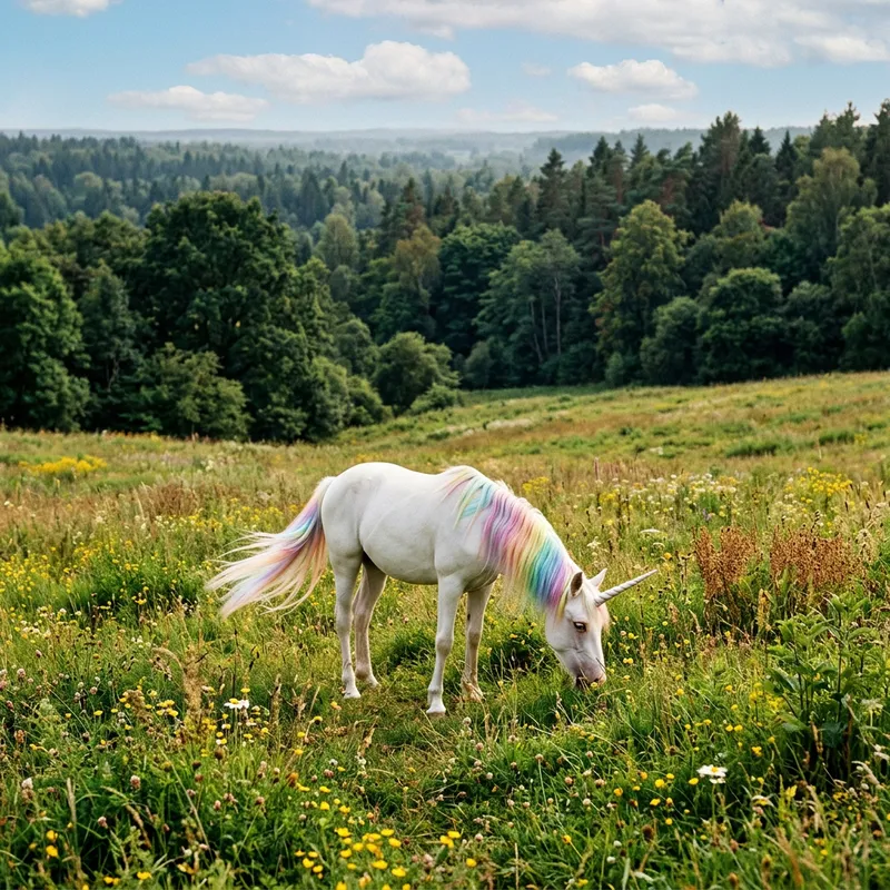 Vibrant Meadow with White Unicorn - Rainbow Mane and Enchanting Forest