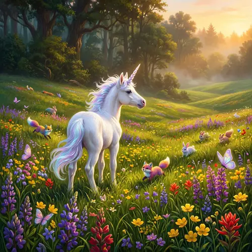 Vibrant Meadow with Young Unicorn and Iridescent Mane