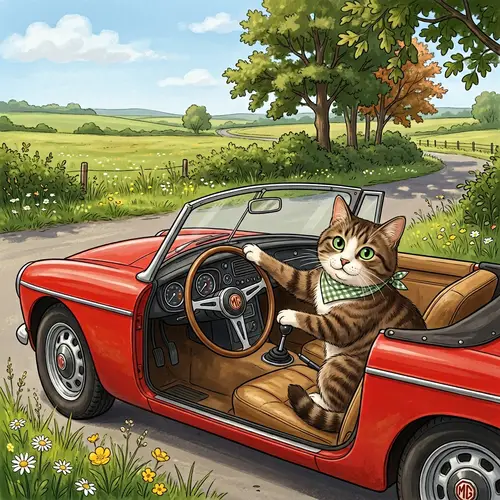 Playful Cat Driving Red Vintage Car in Scenic Field