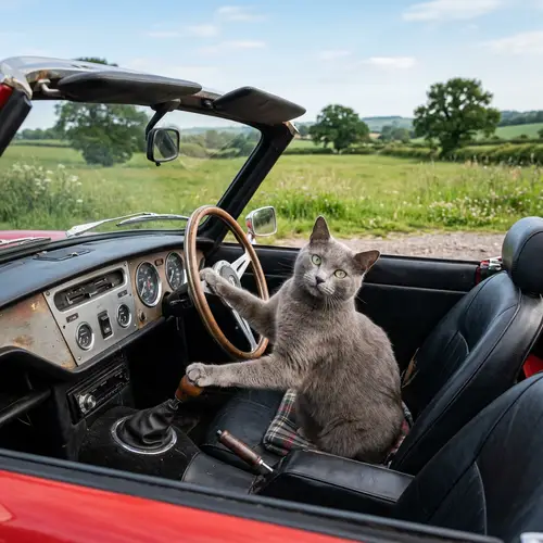 Charming Grey Cat in Vintage Red Car: Playful Scene