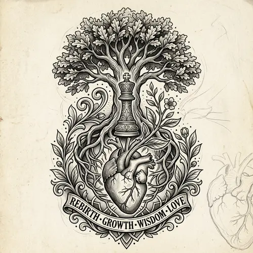 Detailed Tattoo Design: Tree, Chess King, Human Heart - Symbolism of Rebirth