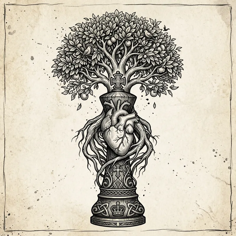 Intricately Carved Chess King Tattoo Design with Tree and Heart