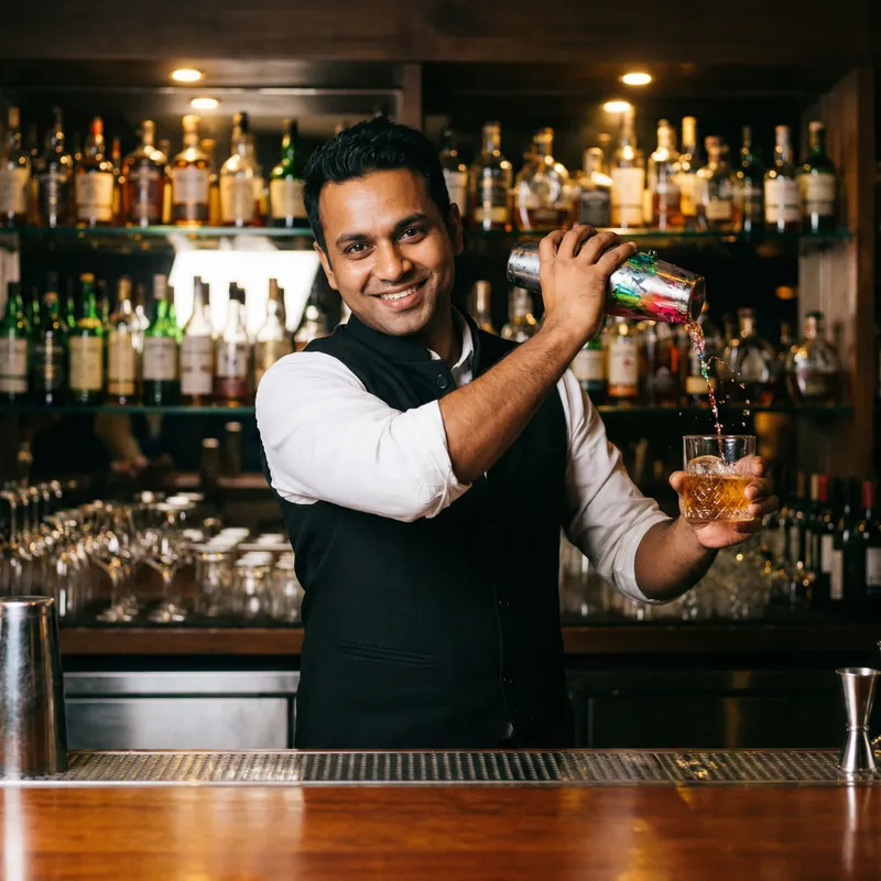 Experienced South Asian Bartender Mixing Colorful Cocktails