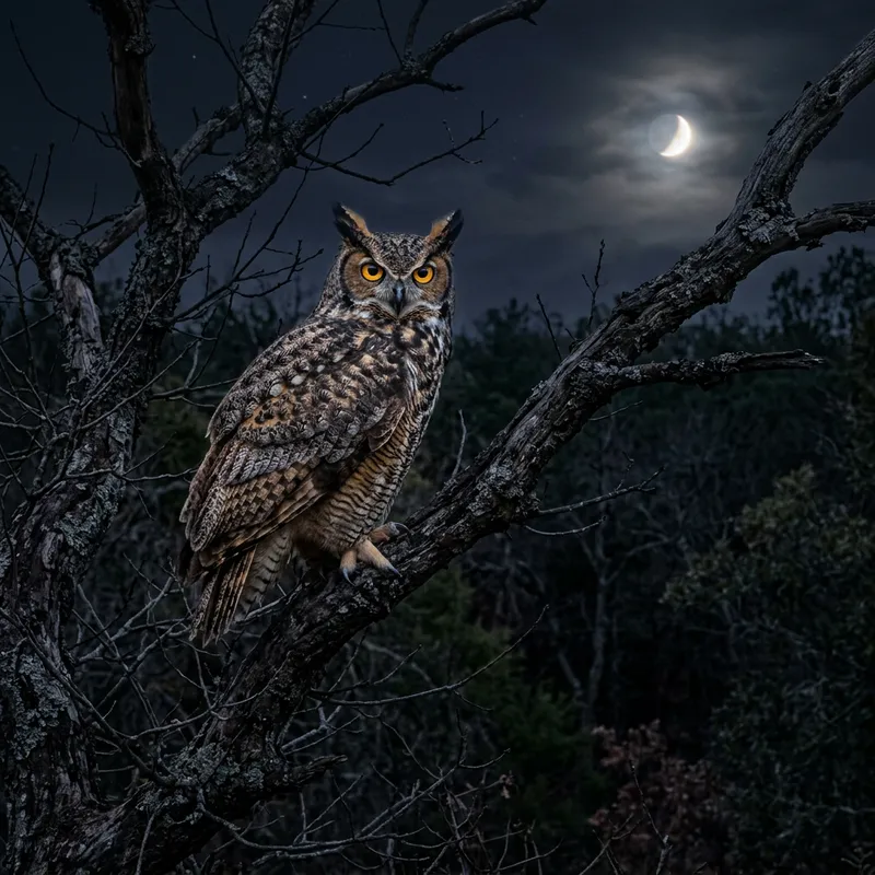 Mysterious Owl Perched on Weather-Worn Tree at Night