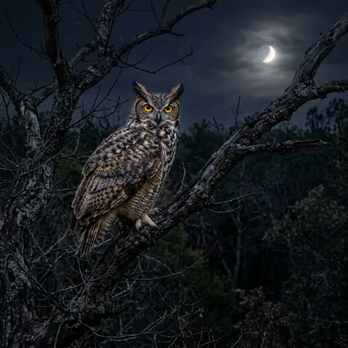 Mysterious Owl Perched on Weather-Worn Tree: Nighttime Encounter