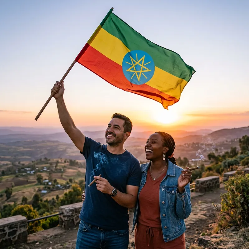 Hispanic Man and Black Woman Smoking Cigars with Ethiopian Flag at Sunset