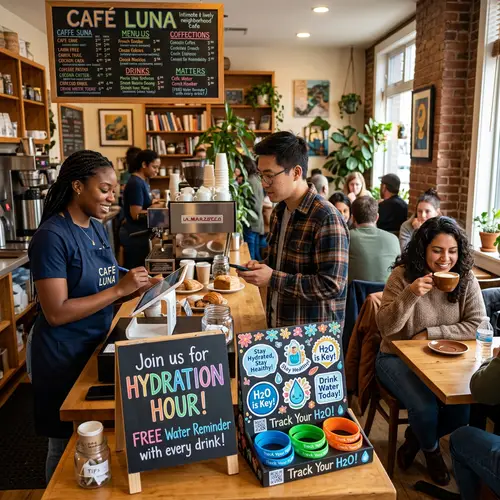 Hydration Hour: Colorful Reminder Stickers and Wristbands at Cozy Cafe