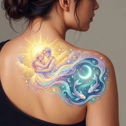 Gemini and Pisces Zodiac Signs Tattoo Design with Soft Pastels