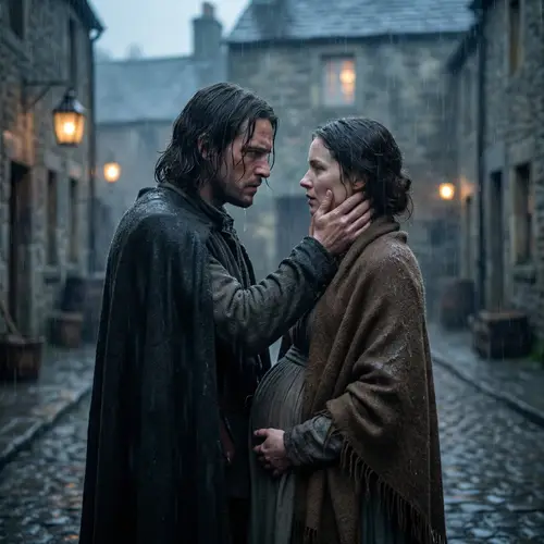Severus Snape holding Pregnant Brown-Haired Woman in Rain