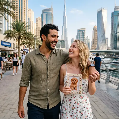 Multicultural Love Story in Dubai: Joyful Couple Anticipating Toy Poodle