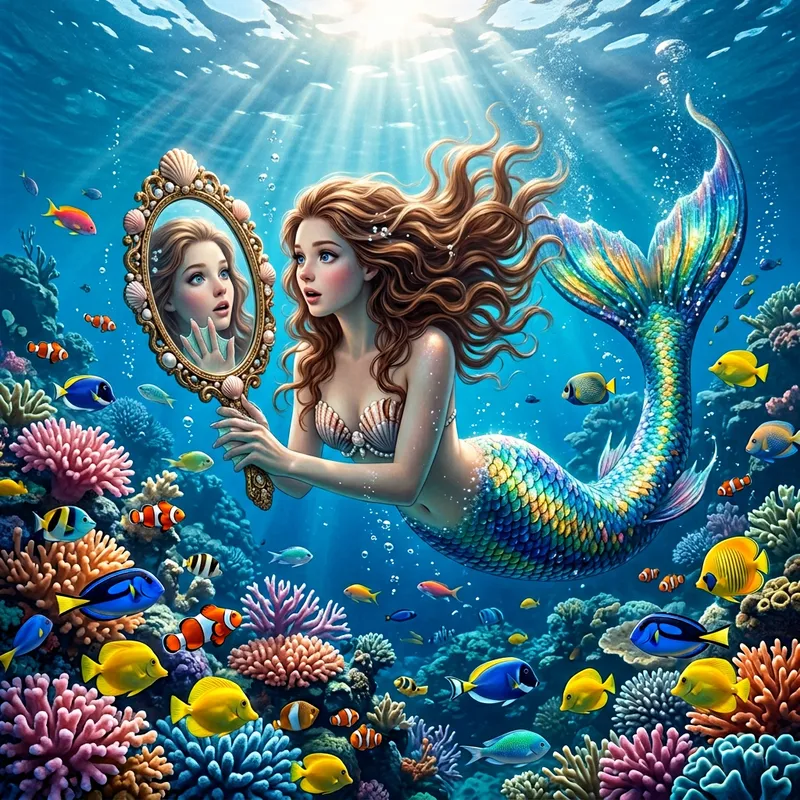 Mermaid Looking at Mirror in Ocean Mermaid Looking at Mirror in Ocean
