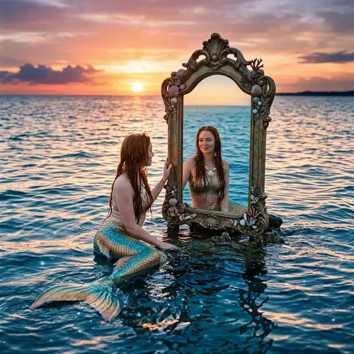 Caucasian Mermaid Reflection in Ocean Mirror