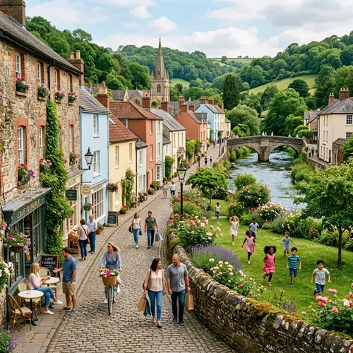 Quaint Small Town with Cobblestone Streets and Pastel-colored Houses