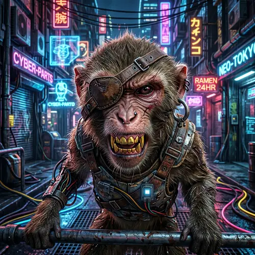 Angry Monkey Portrait with Golden Teeth and Cyberpunk Aesthetic