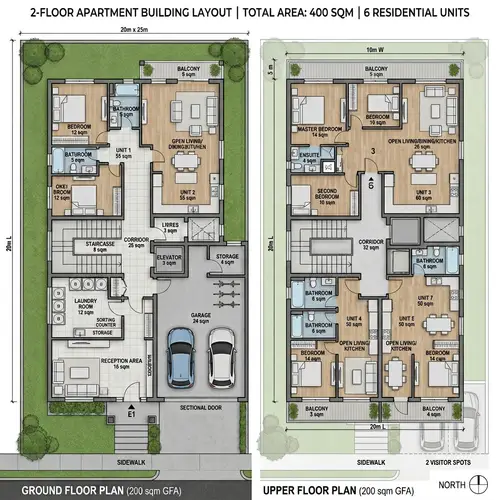 Detailed 400 sqm 2-Storey Apartment Floor Plan