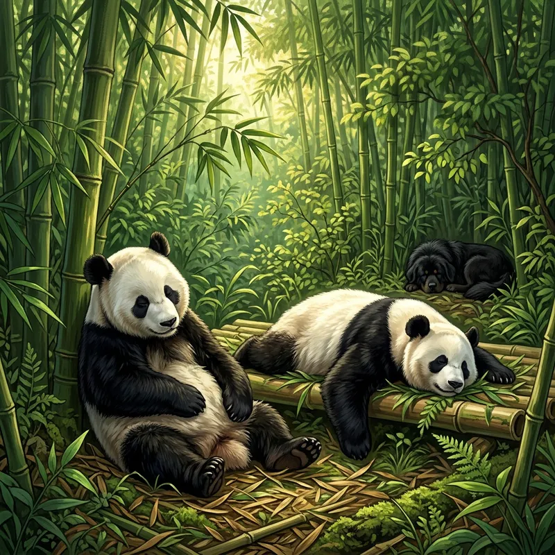Napping Pandas in Lush Bamboo Forest - Peaceful Scene