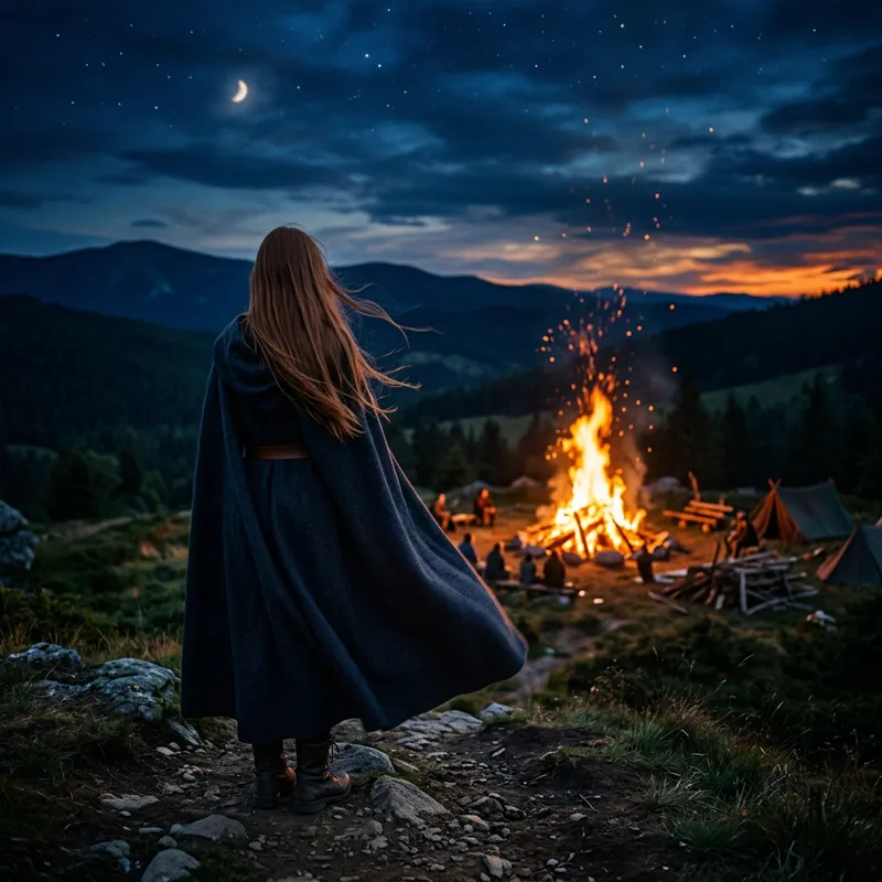 Mysterious Girl in Cloak by Fiery Night Fire