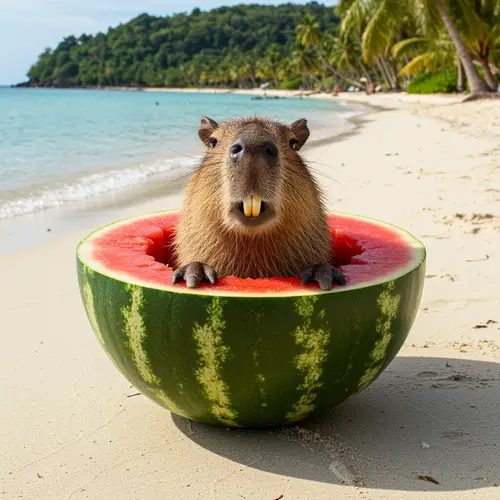 Capybara Smiling in Watermelon on the Beach