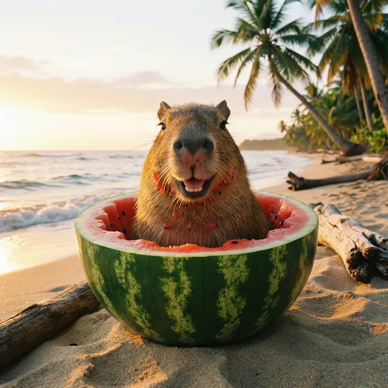 Capybara Smiling in Watermelon on the Beach