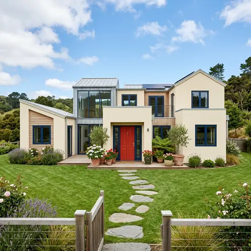 Unique Modular House Design with Cream Exterior - Home Architectural Details