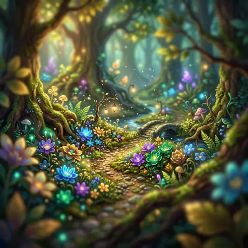 Mystical Forest with Glowing Flowers - Enchanting Nature Scene