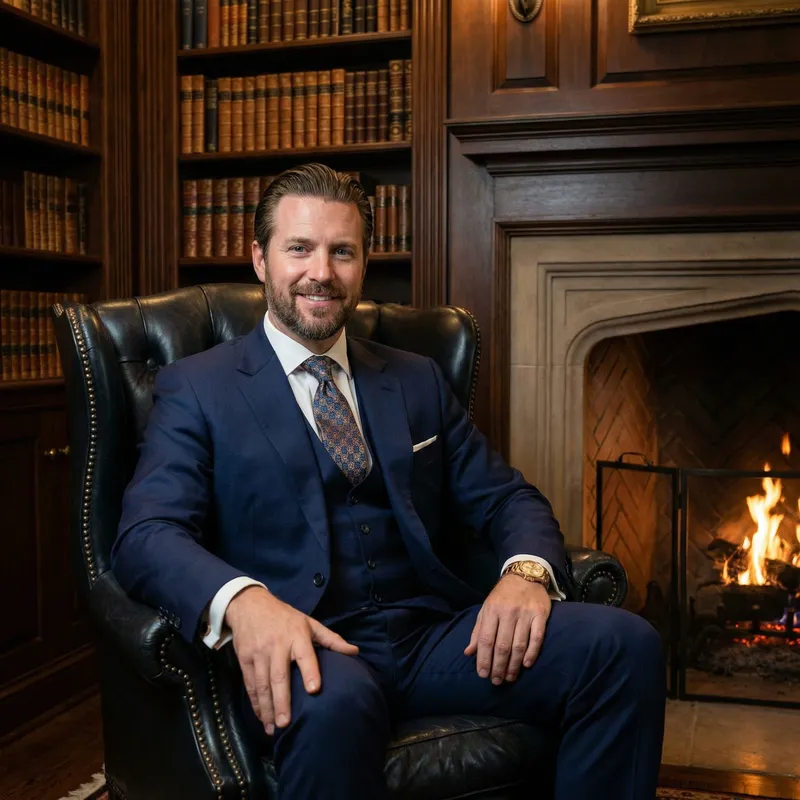 Rich Mid-40s Caucasian Man in Opulent Suit | Luxurious Home Library