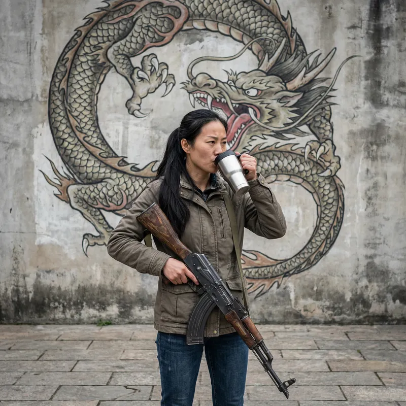 Defiant Chinese Woman Facing Dragon with AK47