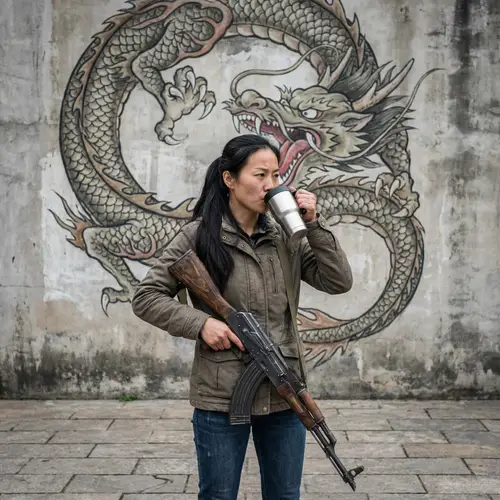 Confident Chinese Woman with AK47 Defending Against Dragon