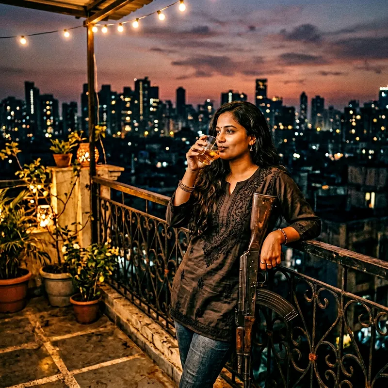 South Asian Woman with Long Hair Enjoying Drink | Urban Silhouette Scene