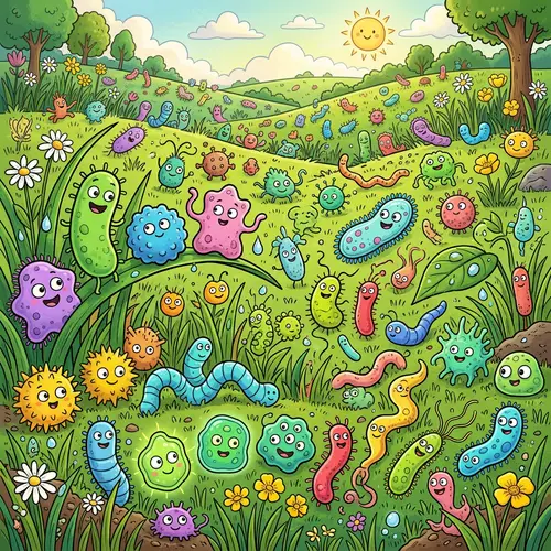 Diverse Cartoon Microorganisms in a Field