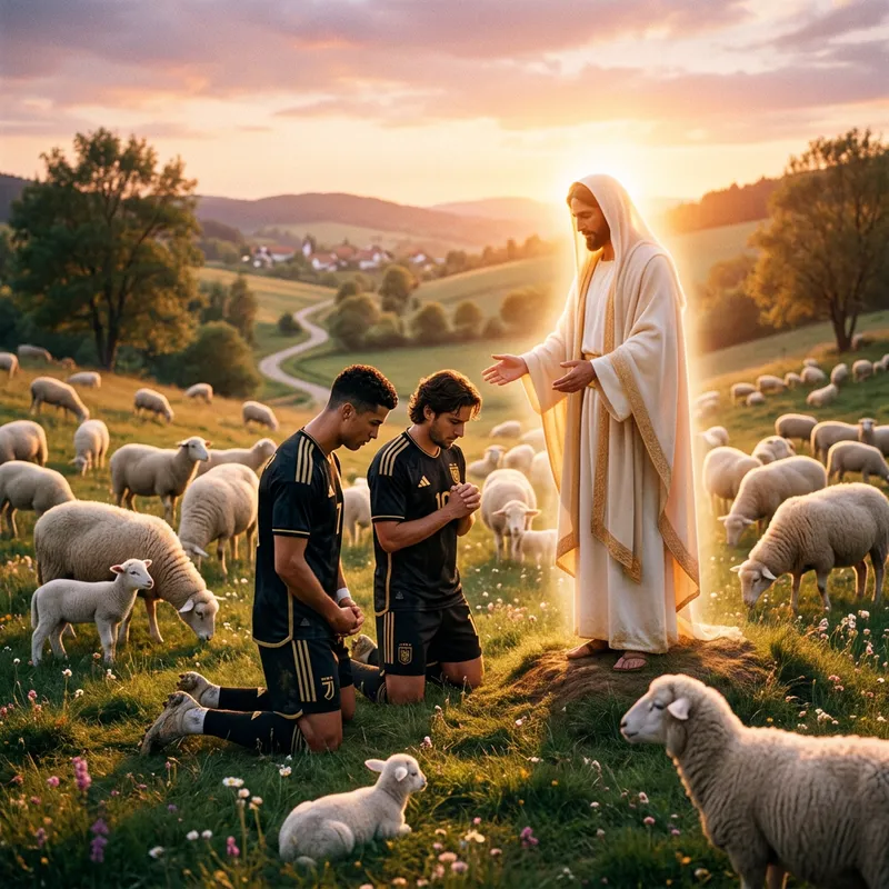 Messi and Ronaldo Kneeling Before Jesus in a Flock of Sheep